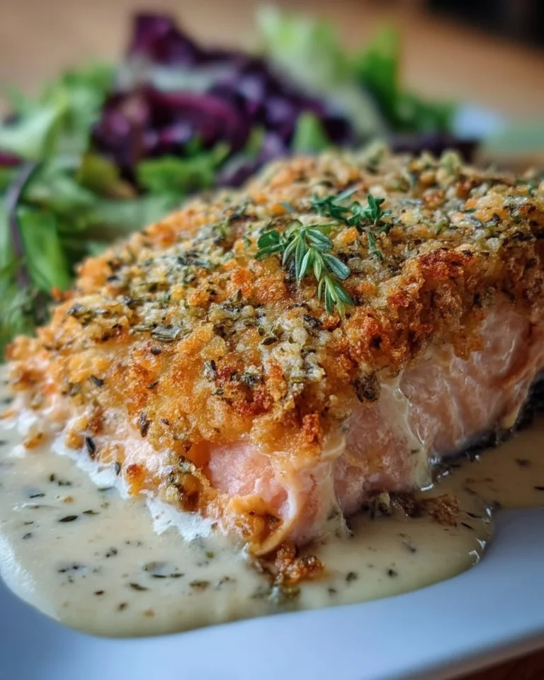 Filet de saumon en croûte de chapelure aux fines herbes, plat élégant