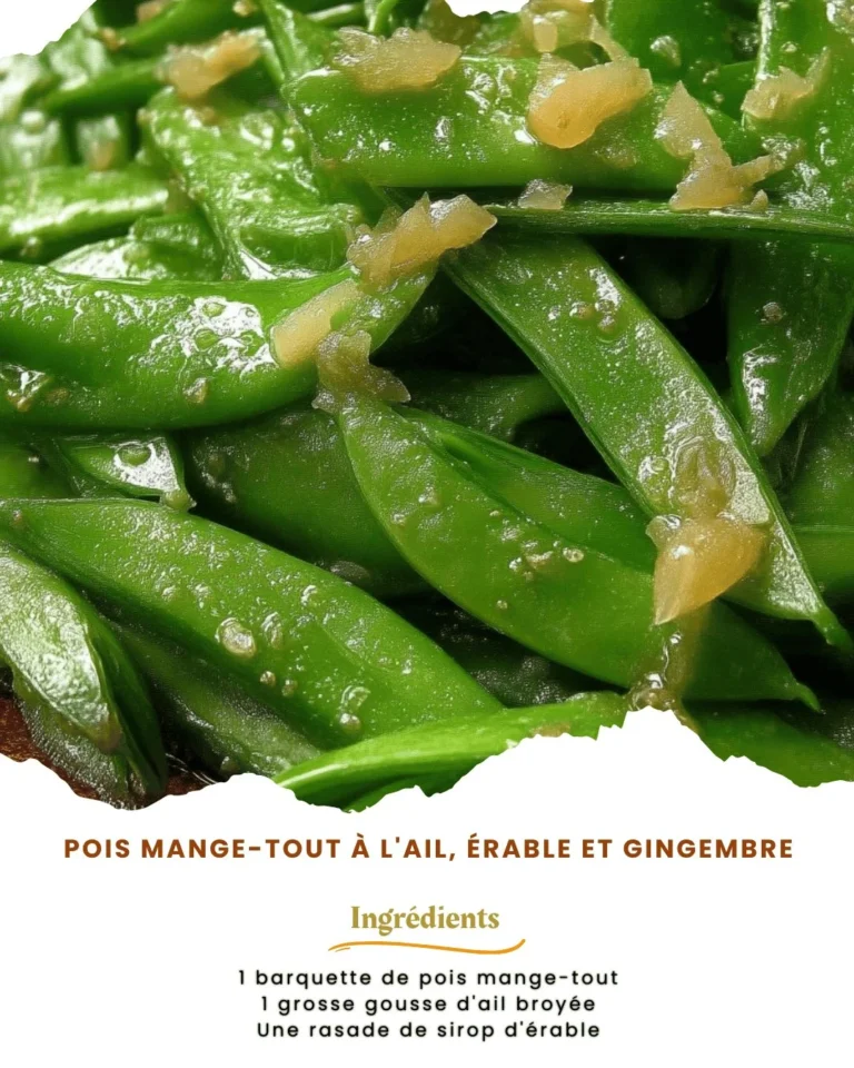 Pois mange-tout à l'ail, sirop d'érable et gingembre sur une assiette.
