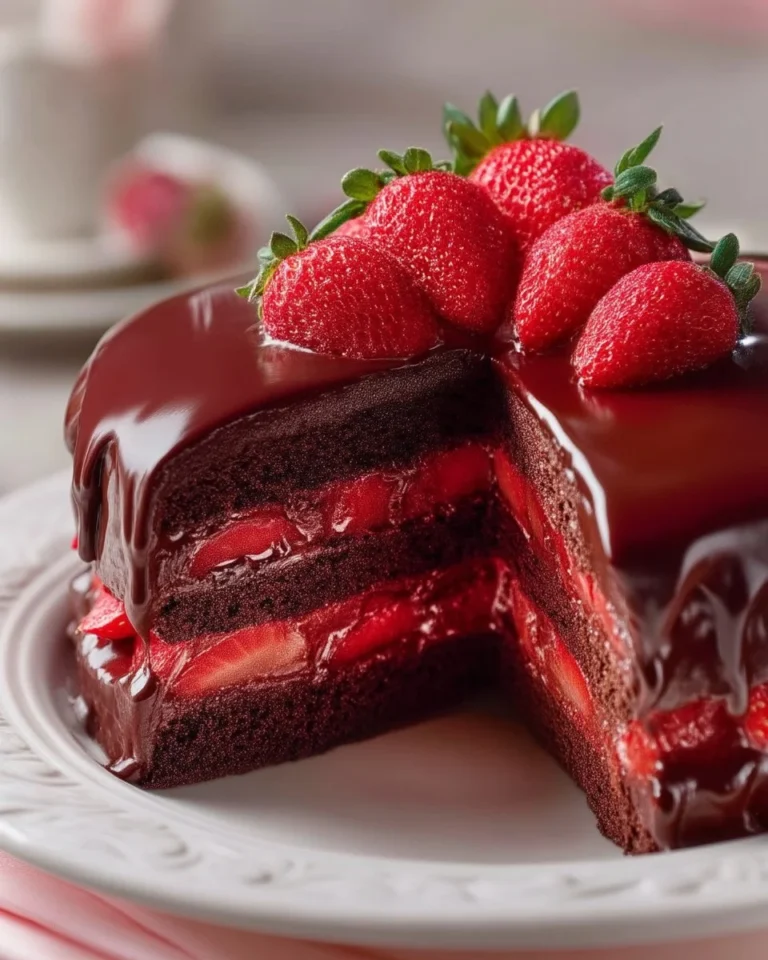 Gâteau aux fraises enrobé de chocolat avec décoration de fraises fraîches