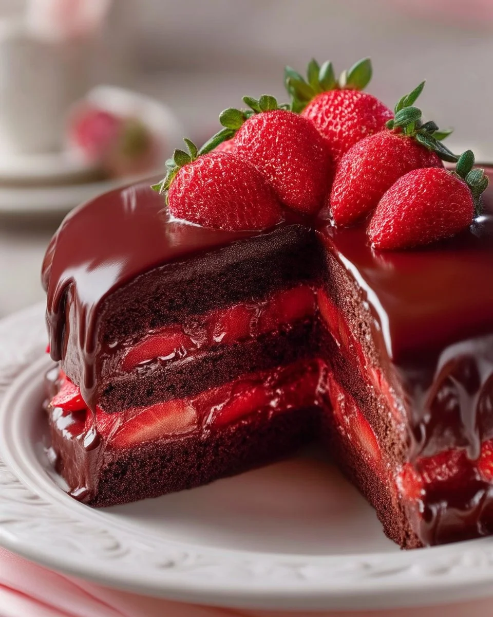 Gâteau aux fraises enrobé de chocolat avec décoration de fraises fraîches