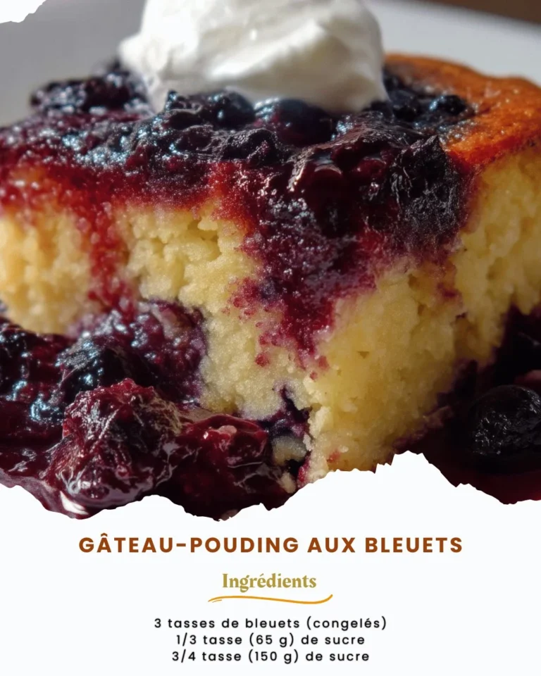 Gâteau-pouding aux bleuets frais et savoureux présenté dans un plat.