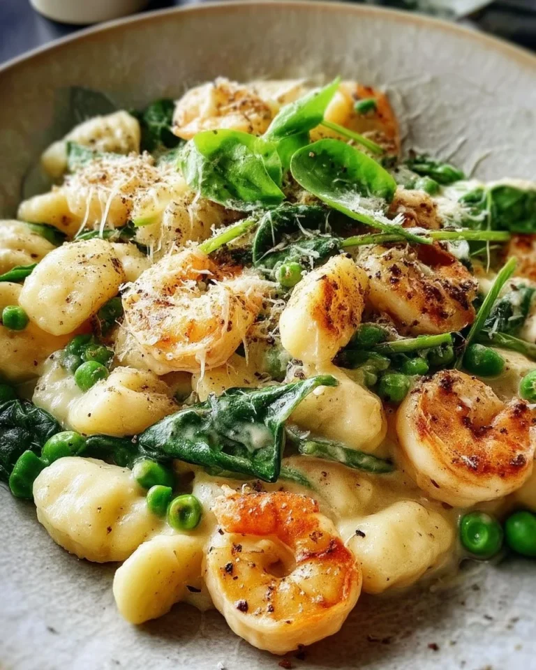 Gnocchis Alfredo crémeux avec crevettes, épinards et petits pois sur une assiette