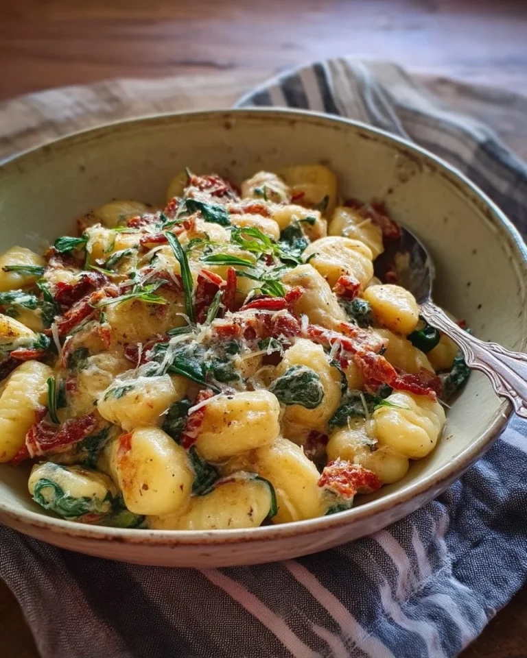 Gnocchis crémeux au fromage, épinards et tomates séchées dans une assiette