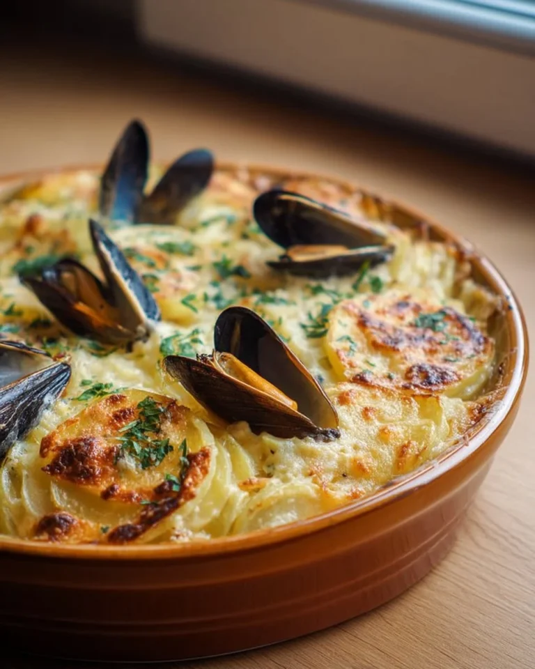 Gratin de pommes de terre aux moules, un plat délicieux et réconfortant.