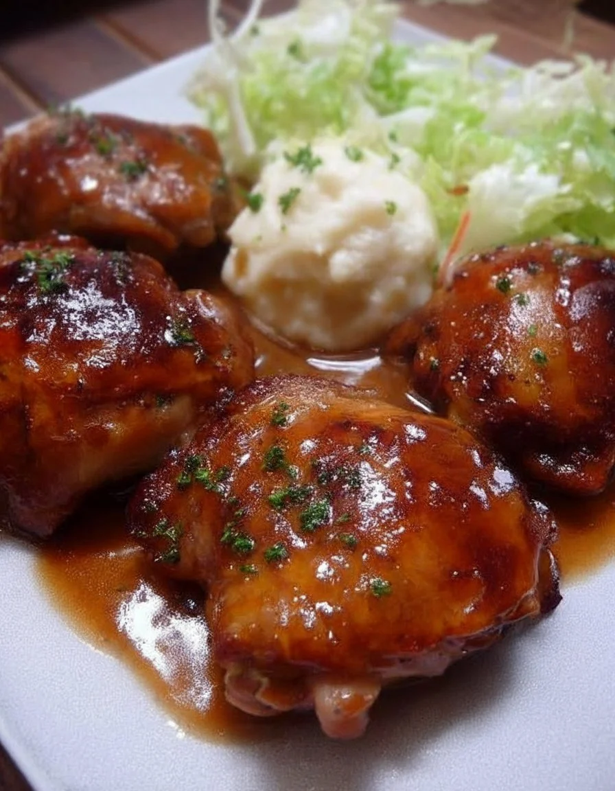 Hauts de cuisses caramélisées avec sirop d'érable et ail en plat savoureux.