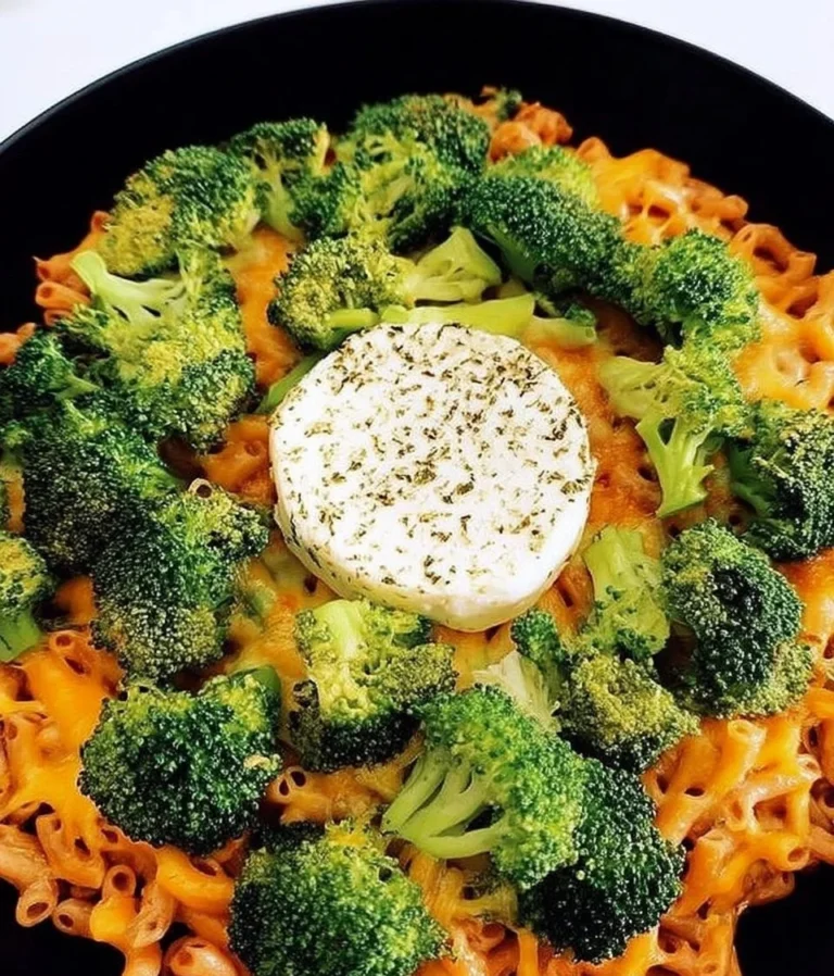 Mac and cheese crémeux avec Boursin et brocoli dans un plat en céramique