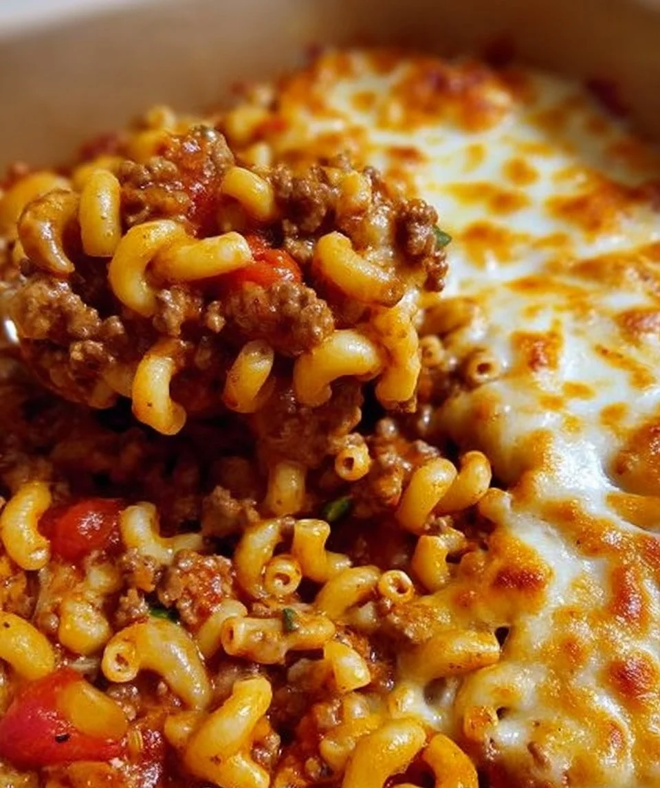 Macaroni gratinée aux tomates et viande dans un plat appétissant