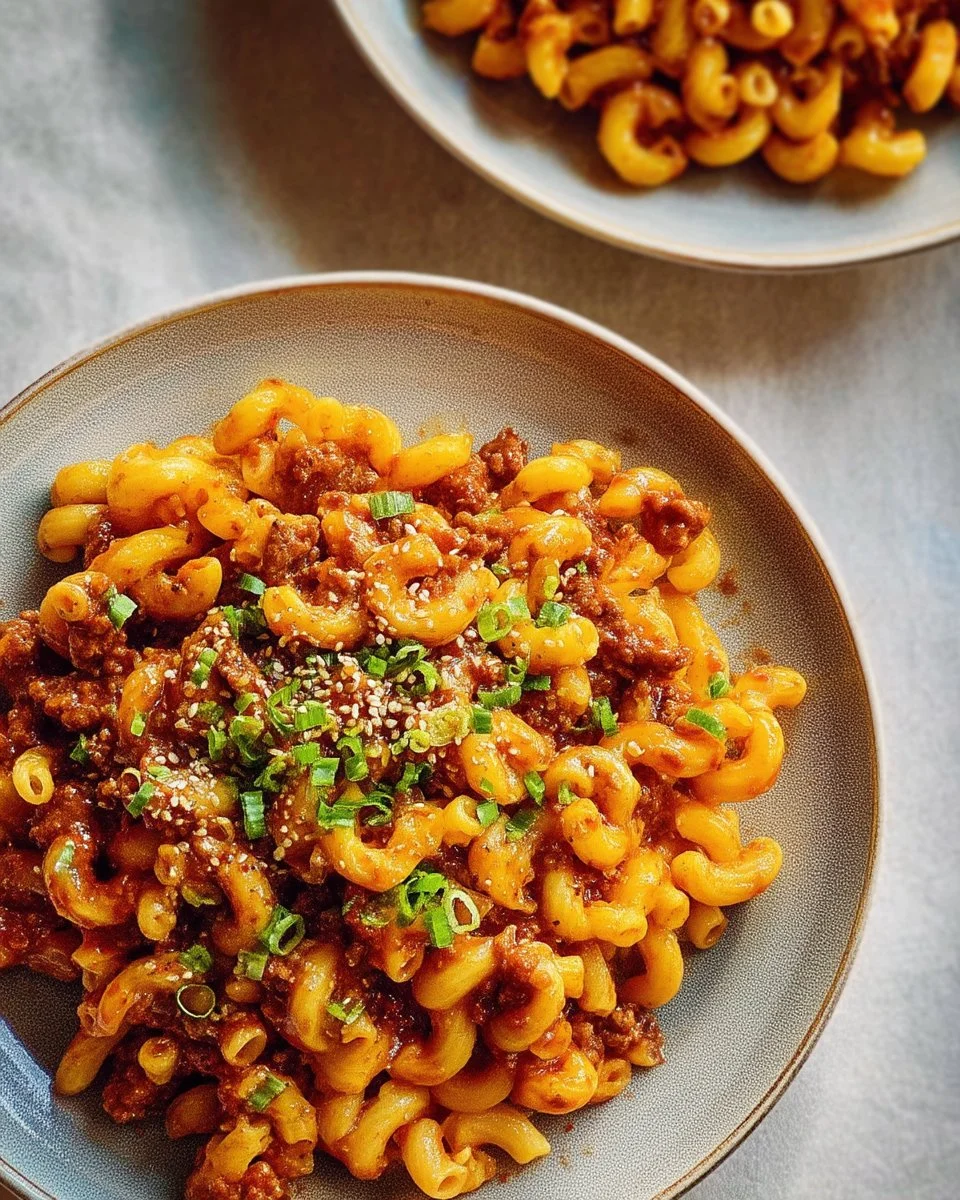 Plat de macaronis au bœuf et au gochujang, savoureux et coloré.