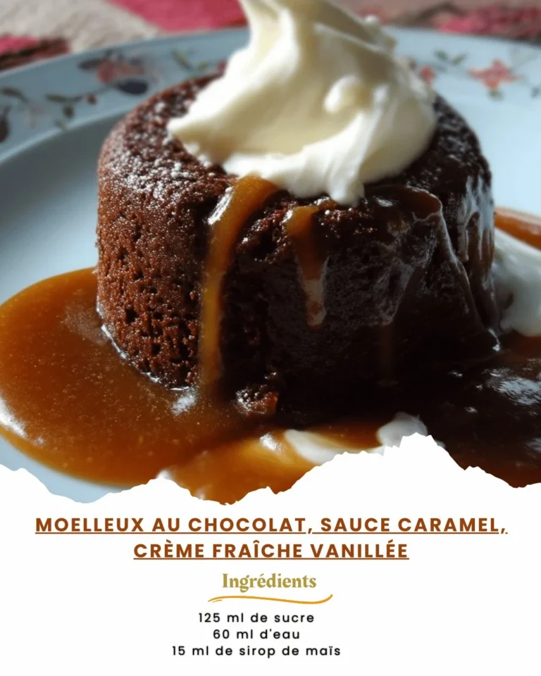 Moelleux au chocolat avec sauce caramel et crème fraîche vanillée