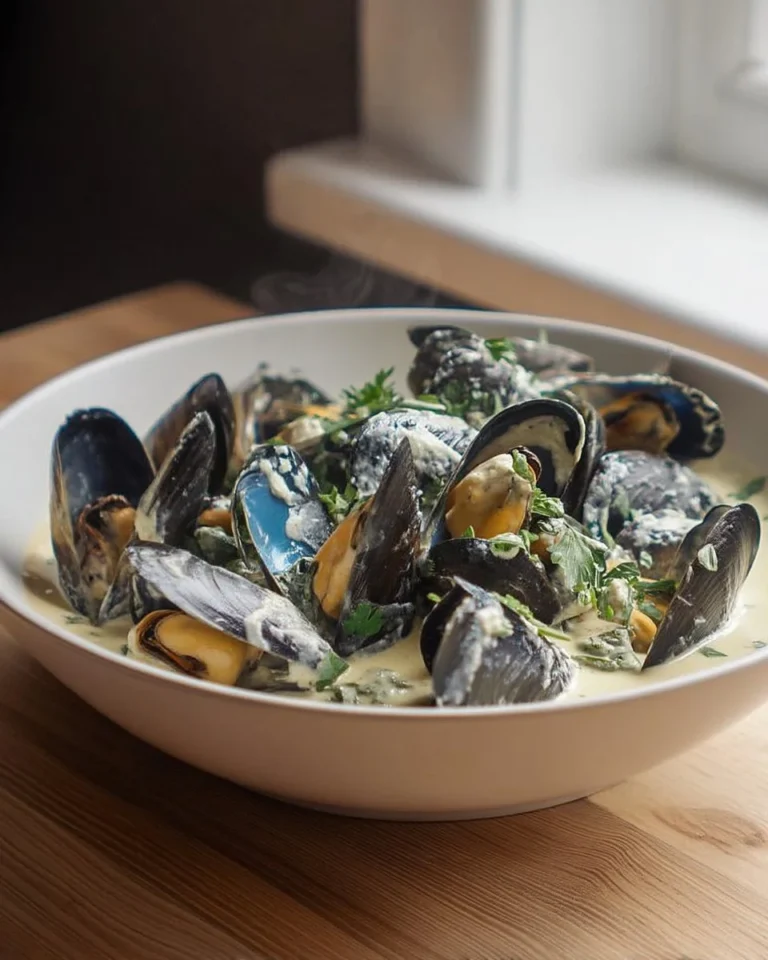 Moules à la crème avec ail et persil, un plat savoureux et facile à préparer.
