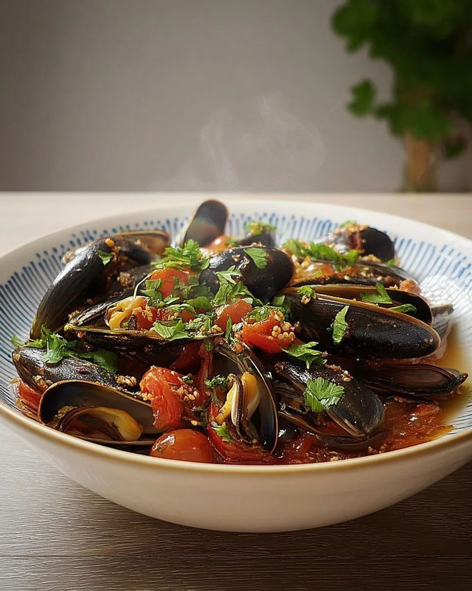 Moules à la tomate, ail et persil, un plat délicieux et rafraîchissant