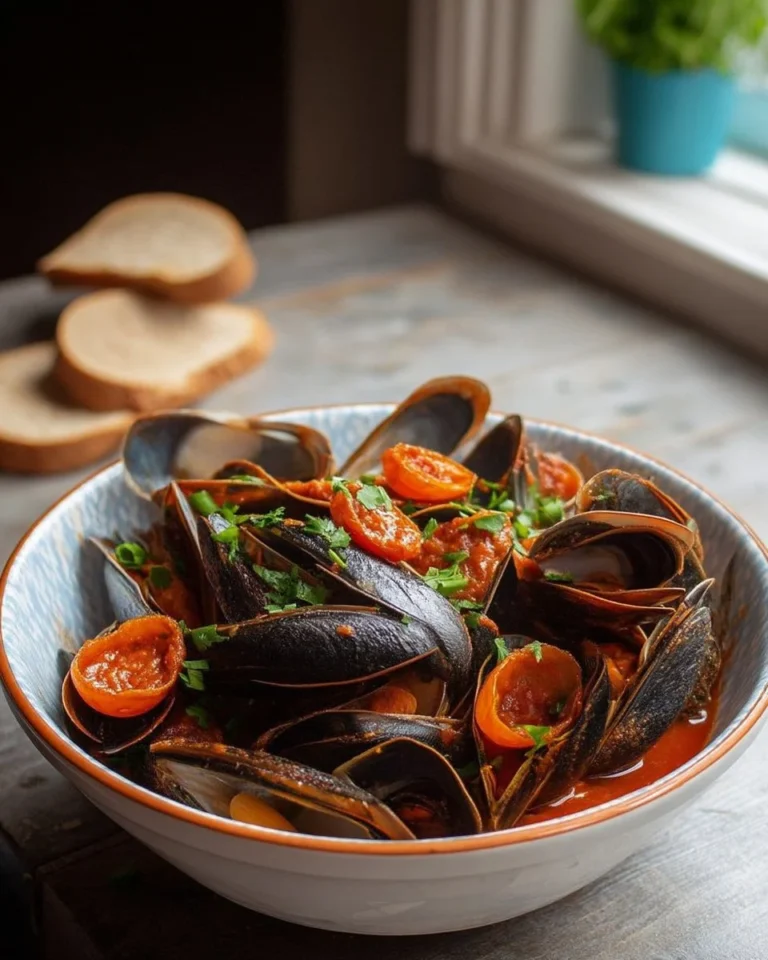Moules à la tomate épicée avec chorizo dans un plat appétissant.