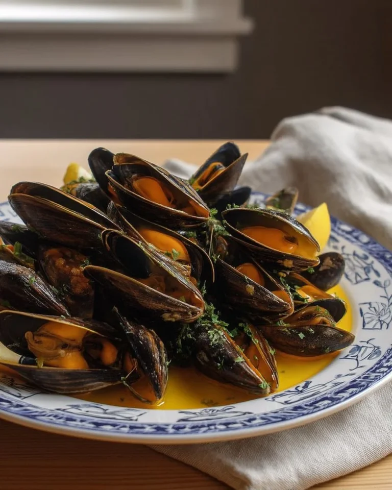 Moules au citron servies dans un plat élégant, garnies d'herbes fraîches