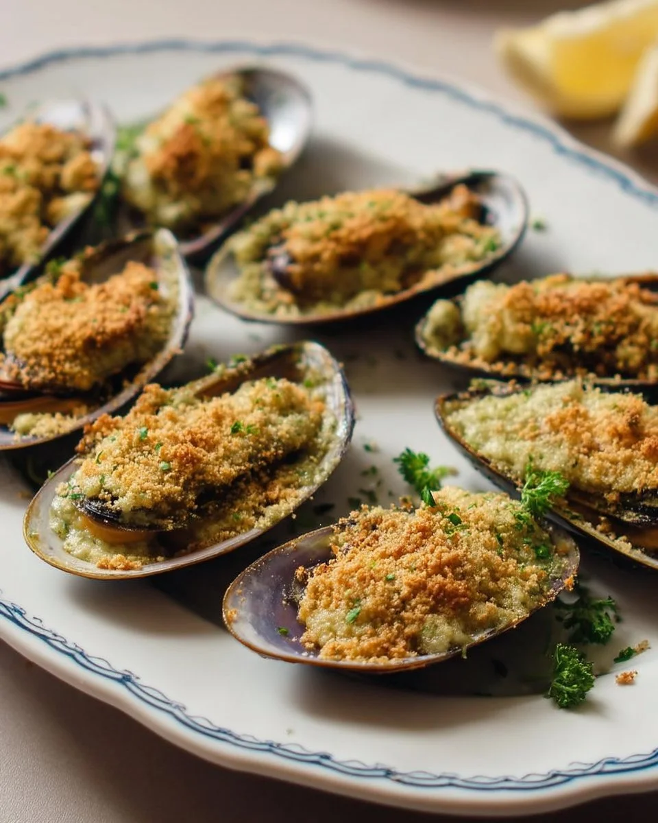 Moules gratinées à la chapelure et persil prêtes à être dégustées