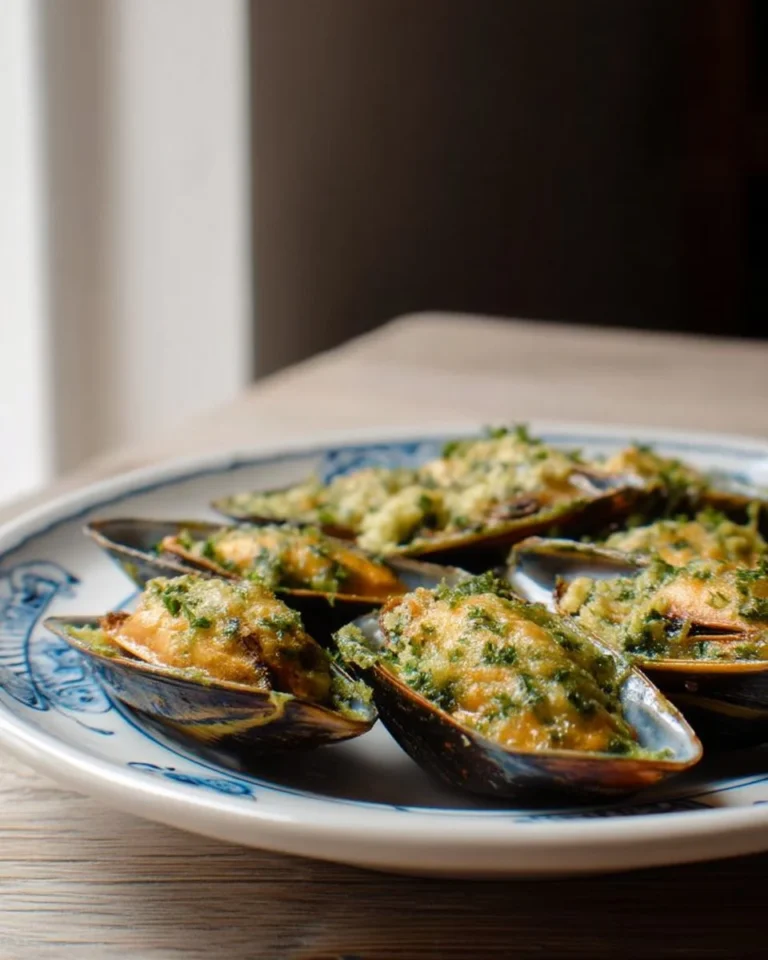 Moules gratinées à l'ail et persil, plat savoureux et appétissant