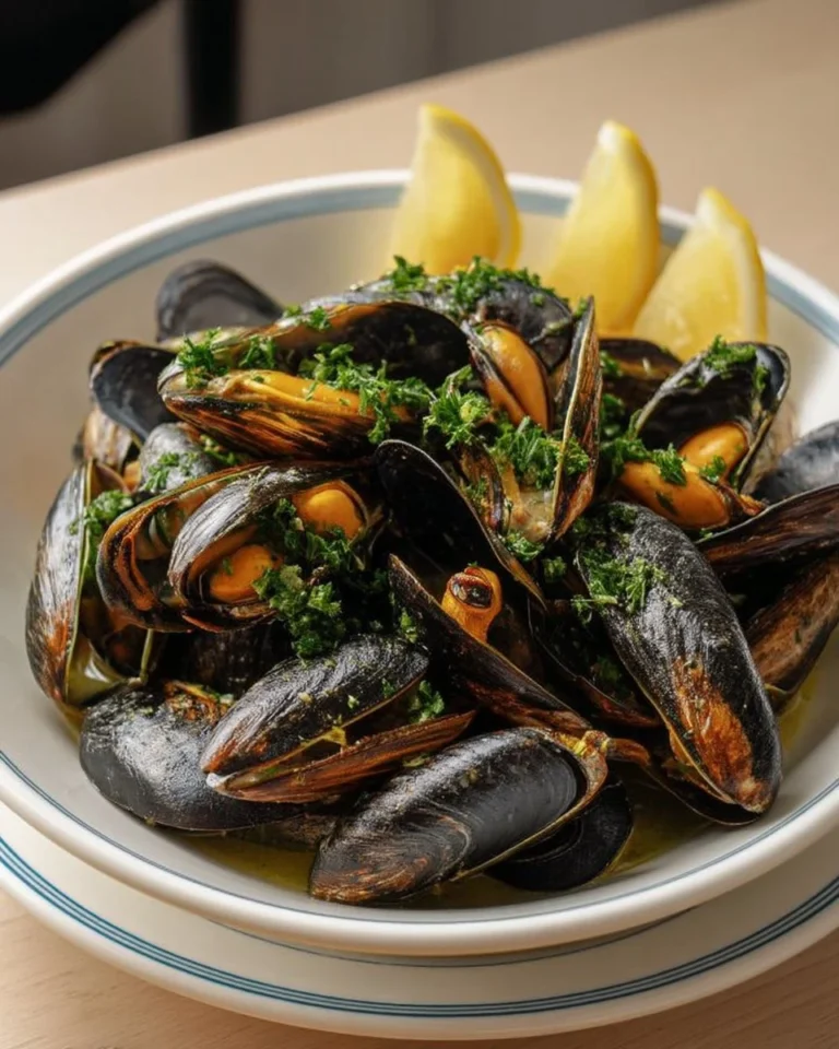 Moules marinières persillées prêtes à servir dans un plat élégant.