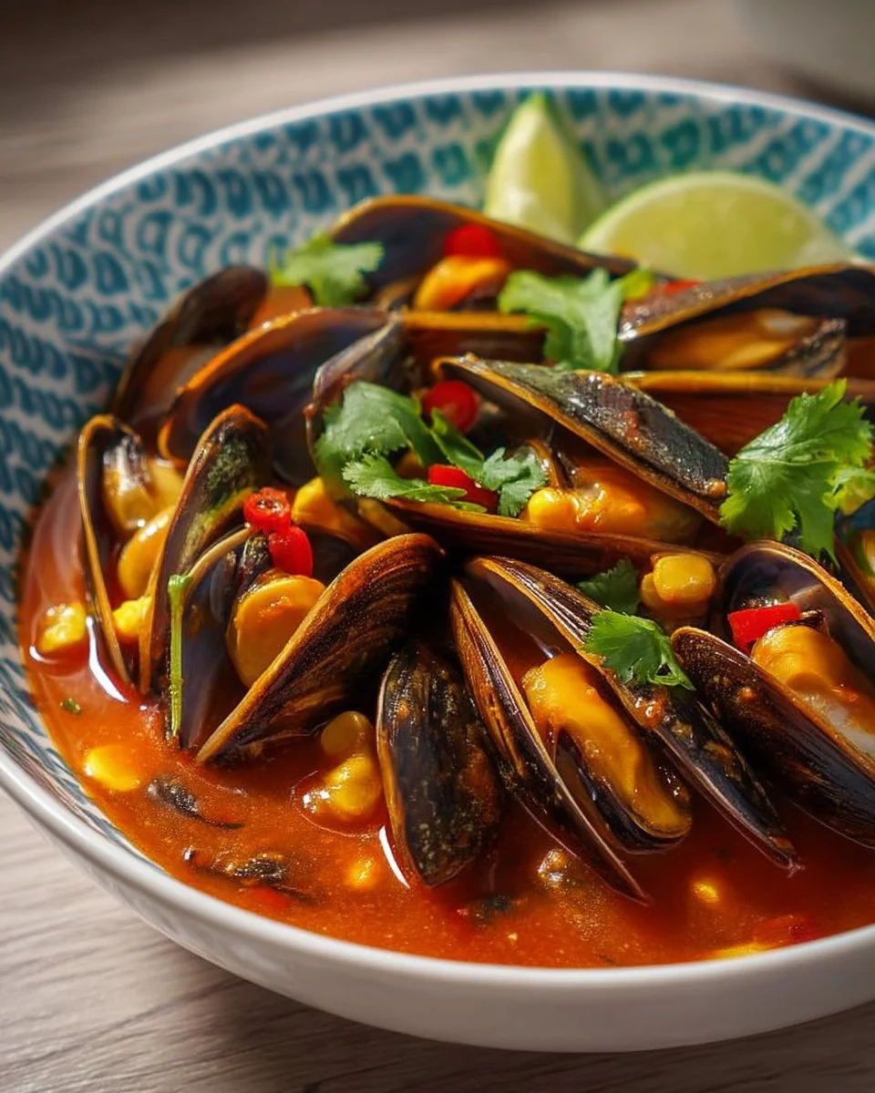 Moules cuites dans une sauce tomate épicée savoureuse et aromatique