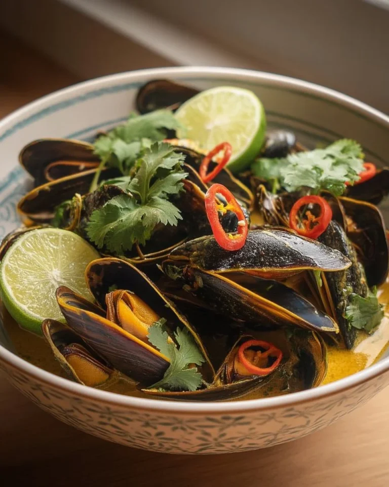 Moules au curry de coco, lime et coriandre dans une assiette
