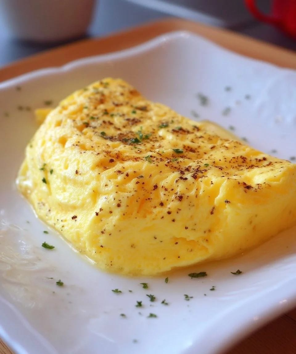 Omelette nature cuite au four, garnie de légumes frais et d'herbes.