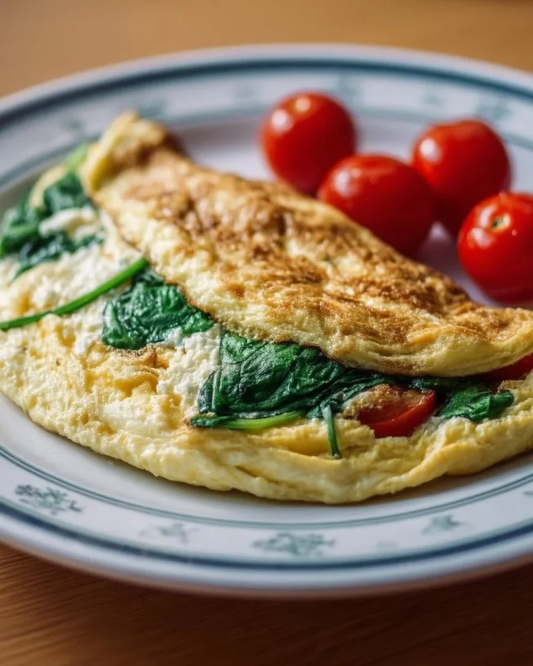 Omelette épinards et fromage avec des tomates cerises fraîches