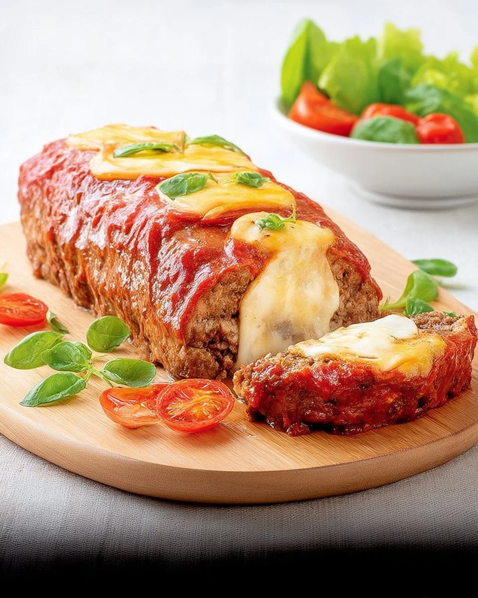 Pain de viande à la caprese avec tomates, mozzarella et basilic frais