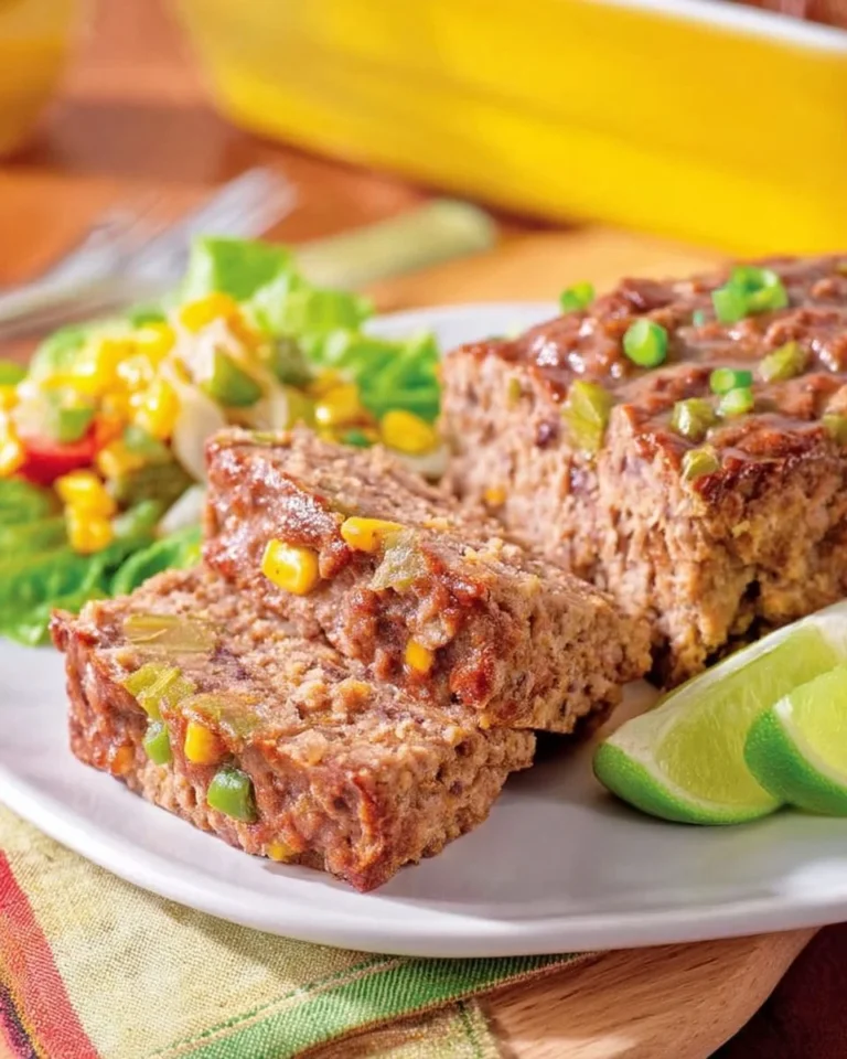 Pain de viande à la mexicaine servi avec des garnitures colorées.