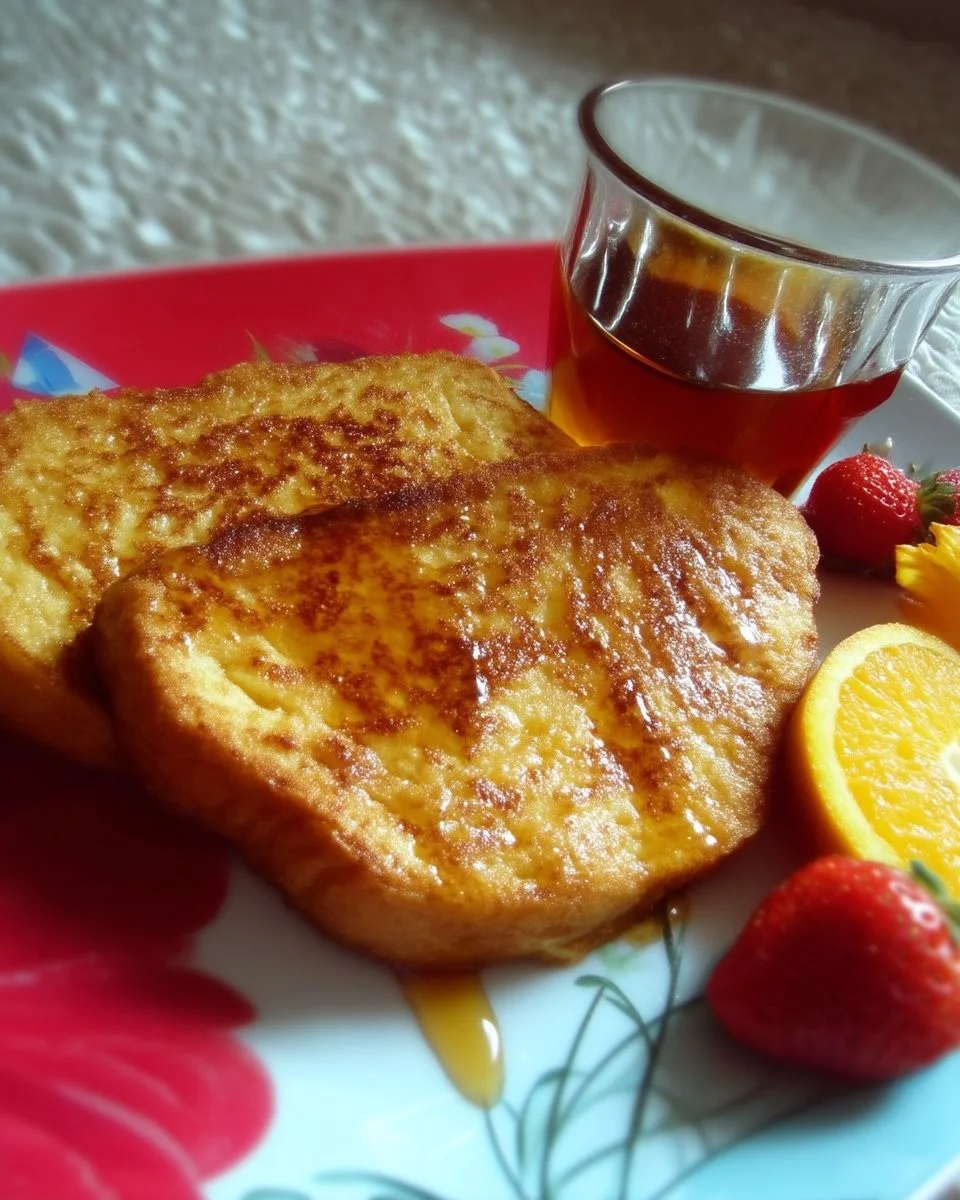 Tranche de pain doré à l'orange, garnie de fruits et sirop délicat.