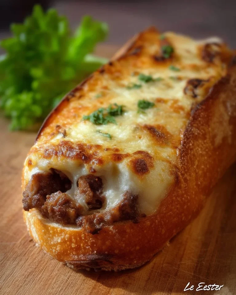 Pain garni au bœuf haché gratiné, plat appétissant et réconfortant.