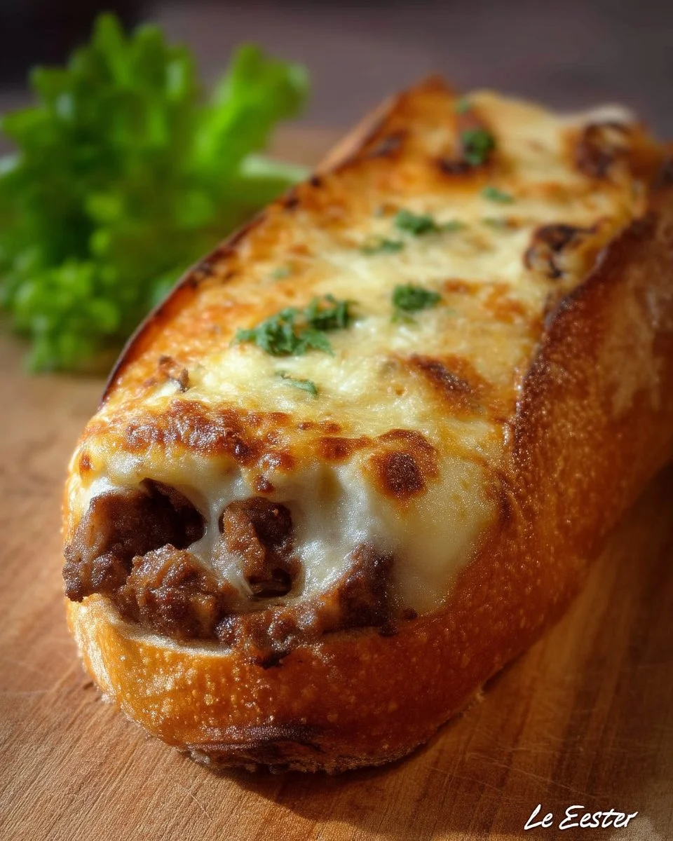 Pain garni au bœuf haché gratiné, plat appétissant et réconfortant.