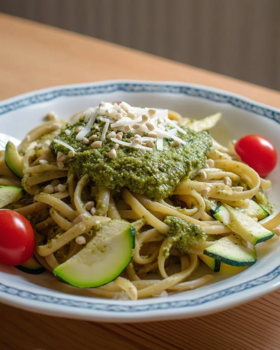 Pâtes avec pesto maison, courgettes et parmesan sur une assiette.