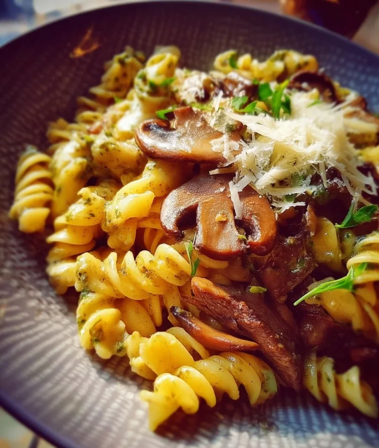 Pâtes au pesto, champignons sauvages et fromage Manchego