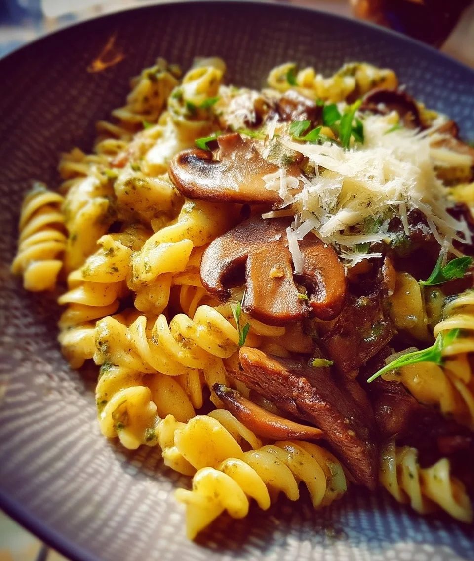 Pâtes au pesto, champignons sauvages et fromage Manchego