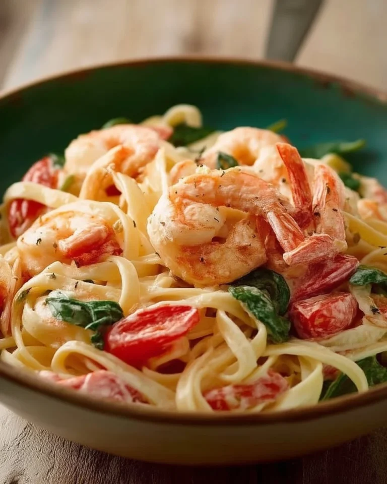 Pâtes aux crevettes et tomates, plat coloré et appétissant.