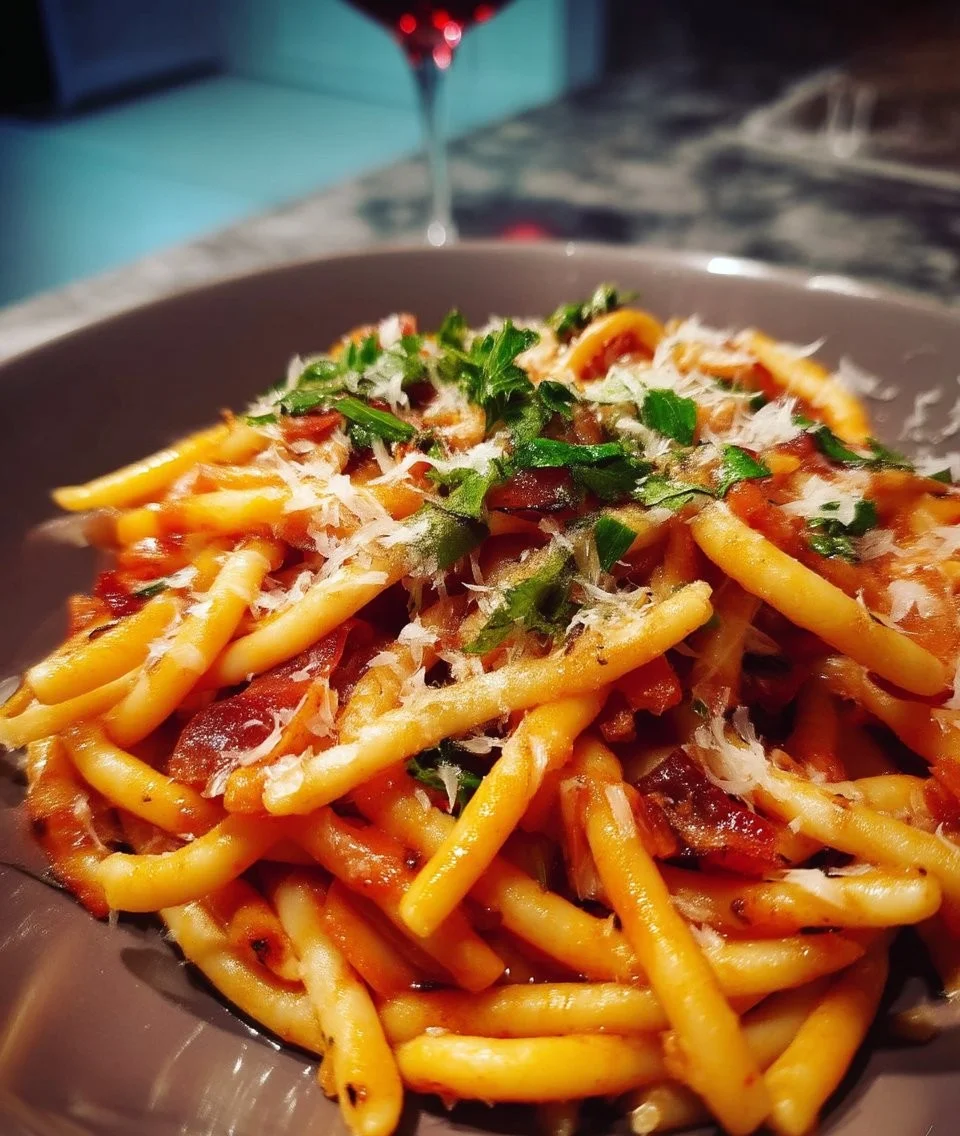 Pâtes à la Amatriciana avec guanciale et sauce tomate garnies de fromage