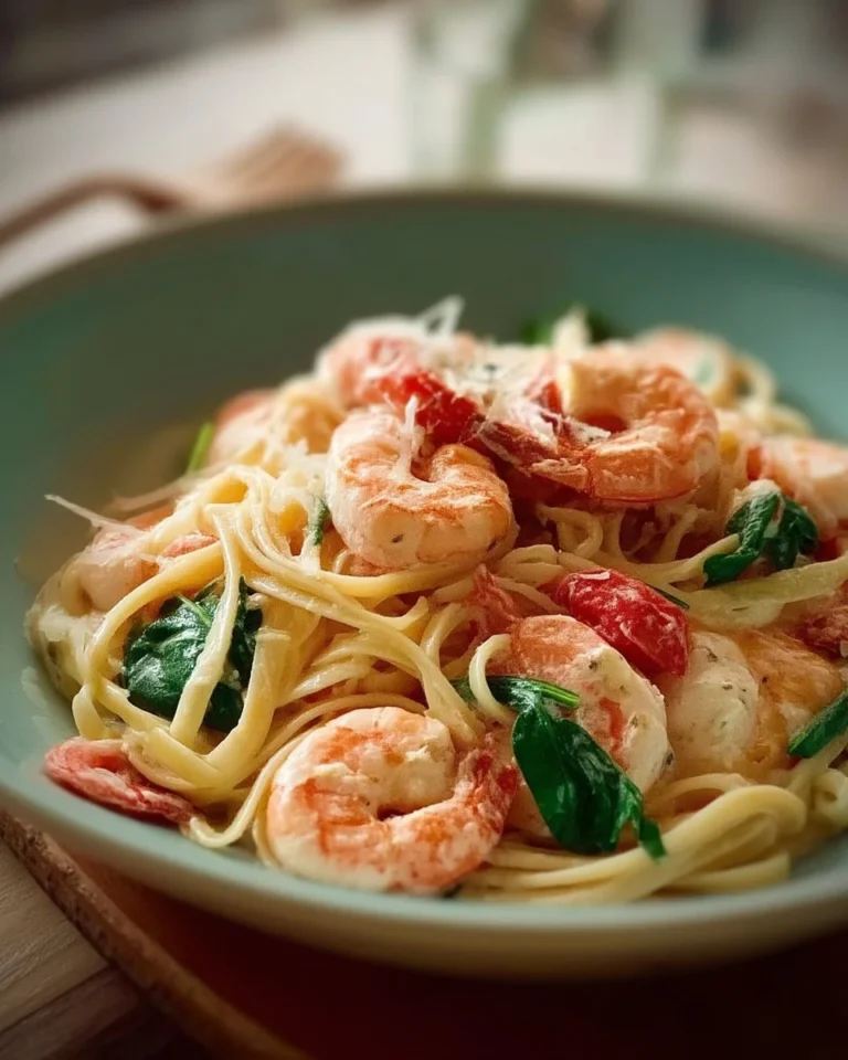 Pâtes aux Crevettes en Amour servies avec une sauce crémeuse et des herbes fraîches.