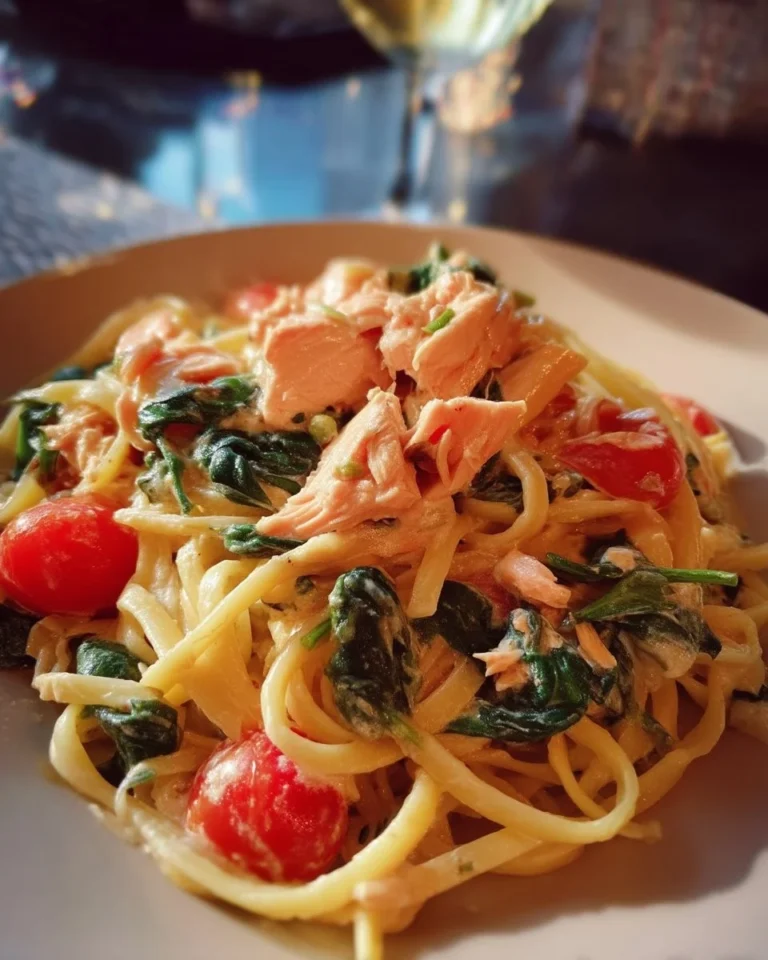 Pâtes crémeuses au saumon avec tomates et épinards dans une assiette
