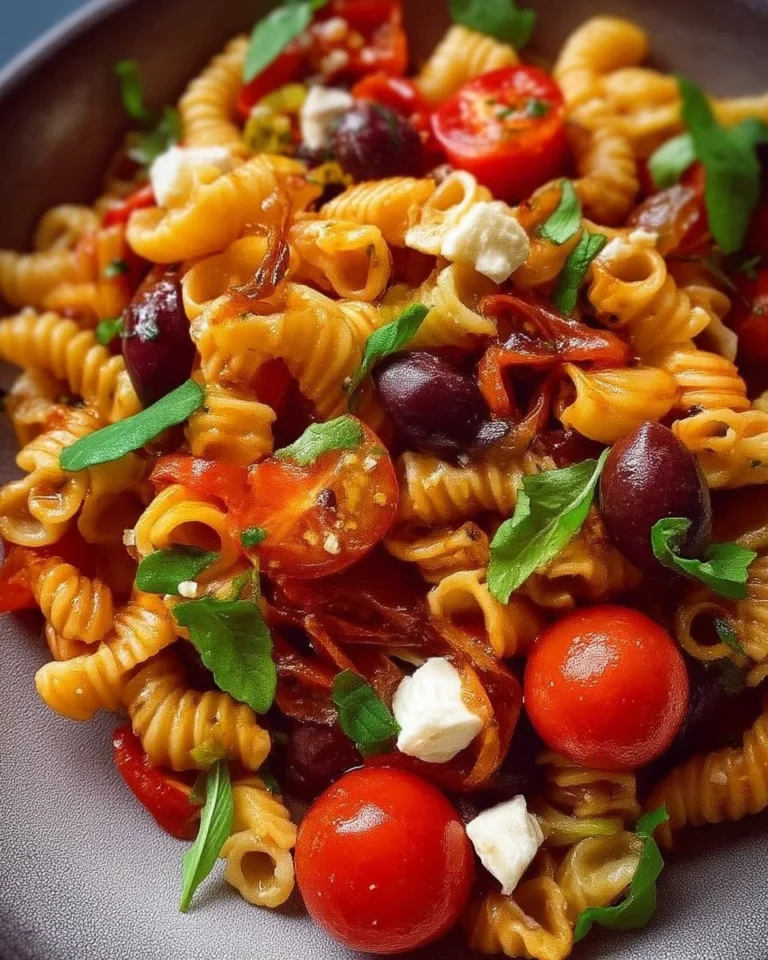 Pâtes épicées aux tomates fraîches, poivrons rôtis et olives dans une assiette