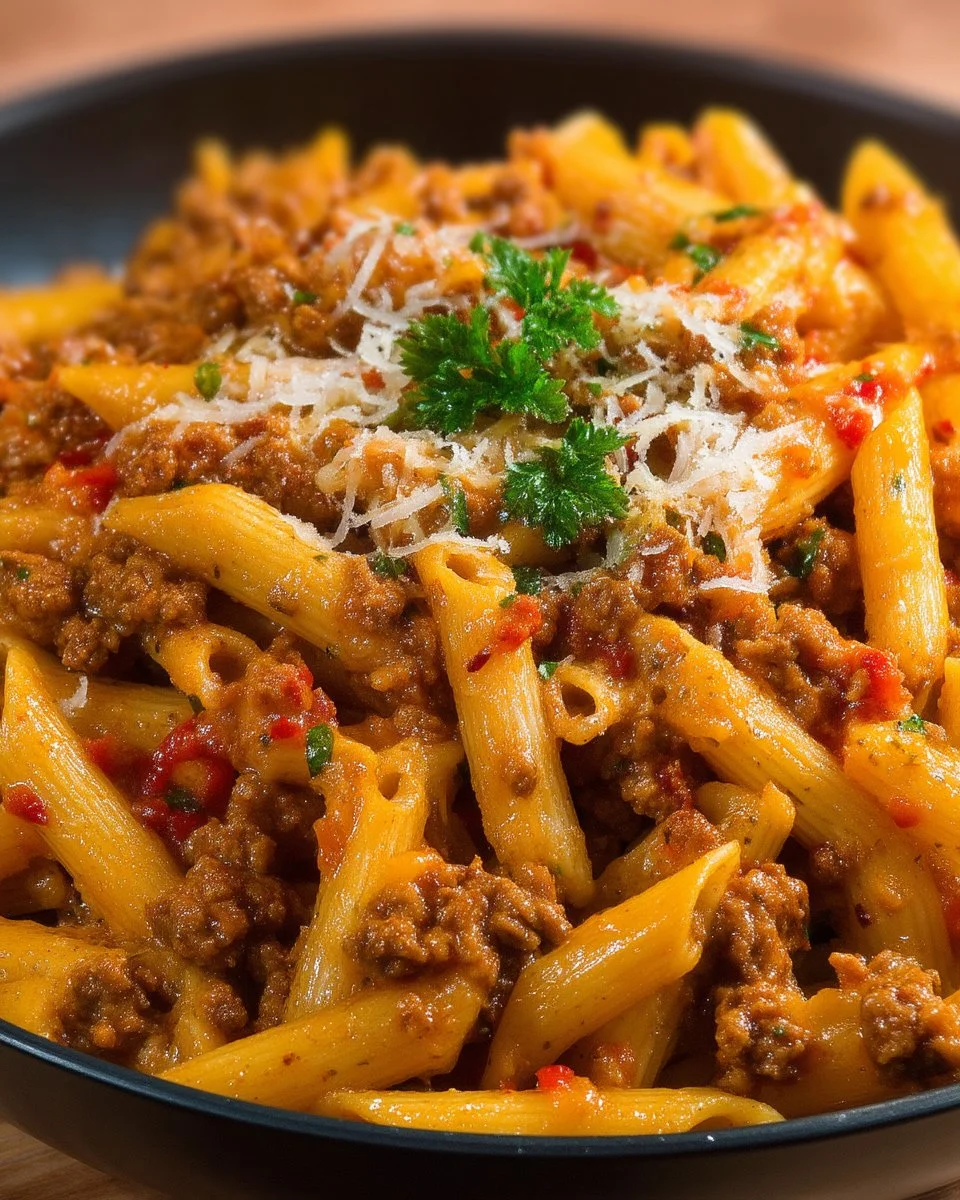 Pennes garnies de boeuf haché prêts à être savourés
