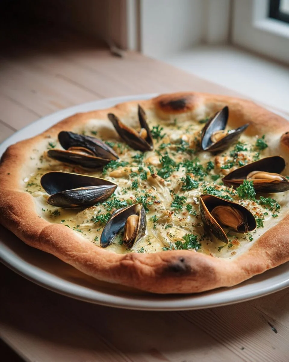 Pizza blanche garnie de moules et persil frais