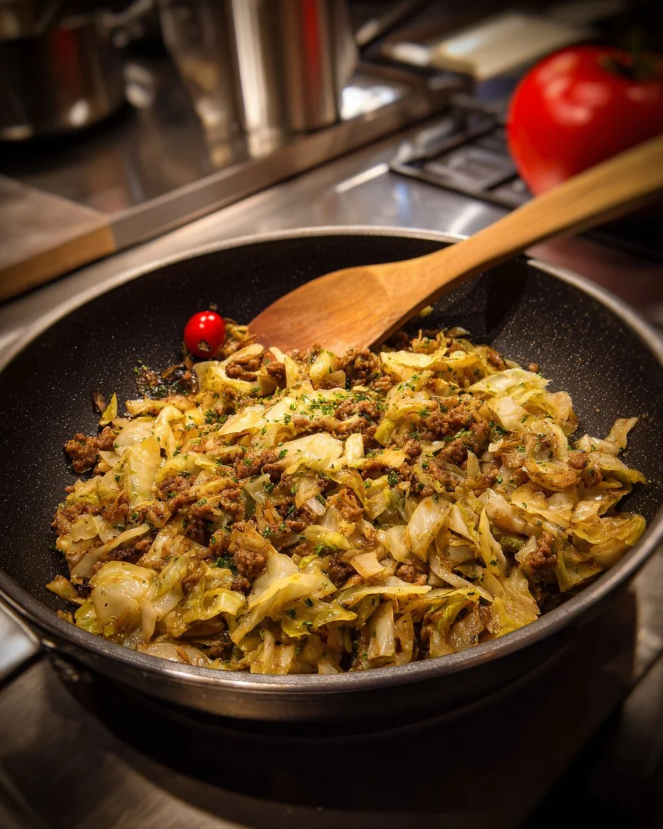 Poêlée express de chou chinois avec bœuf haché dans une poêle.