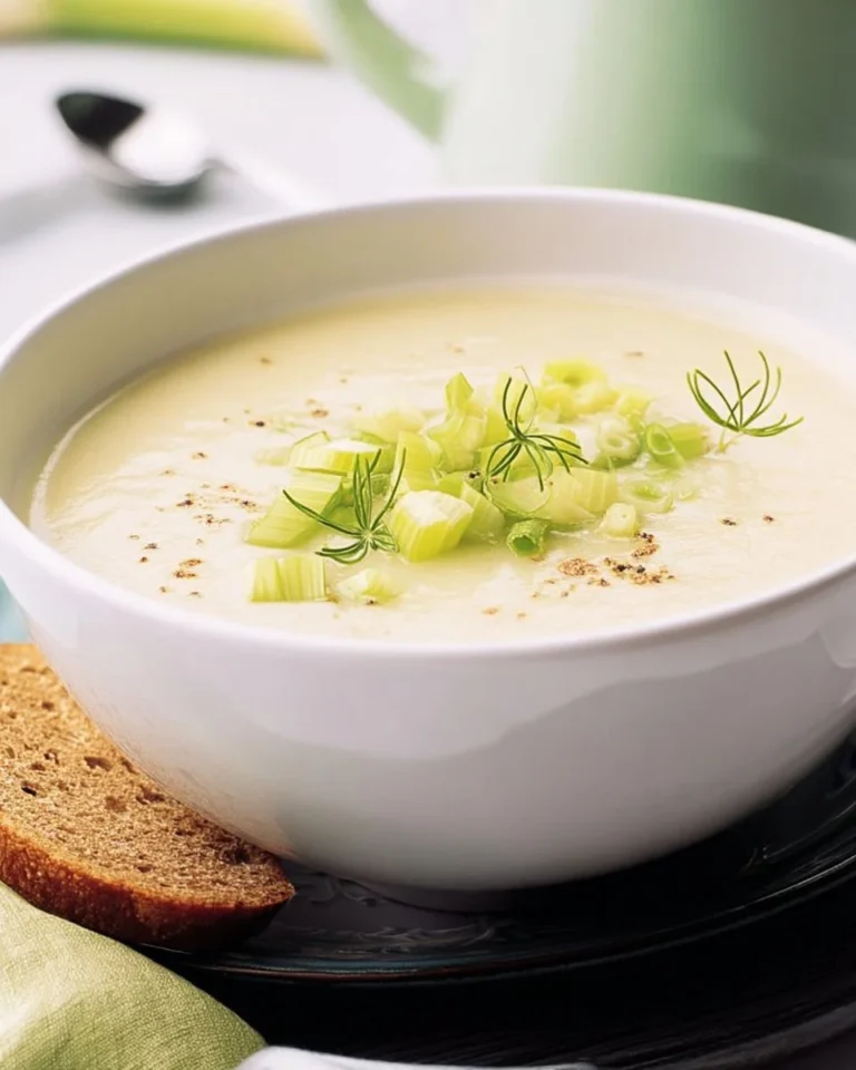 Bol de potage aux poireaux et pommes de terre, une soupe crémeuse et savoureuse.