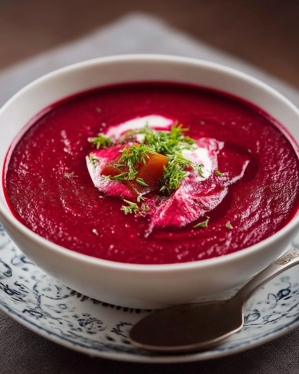 Bol de potage de betteraves et patates douces rôties avec des herbes fraîches