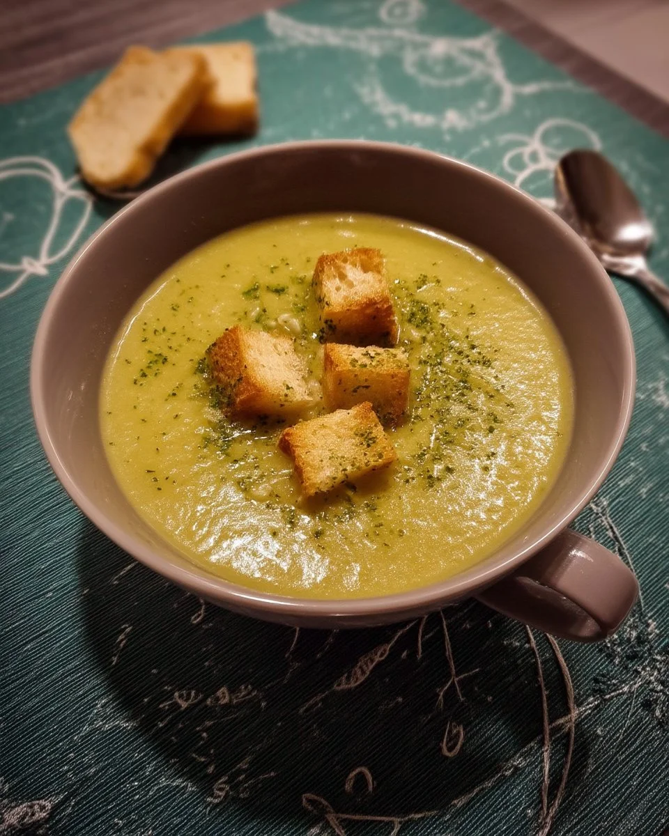 Potage de brocoli et chou-fleur servi dans un bol avec des herbes fraîches.