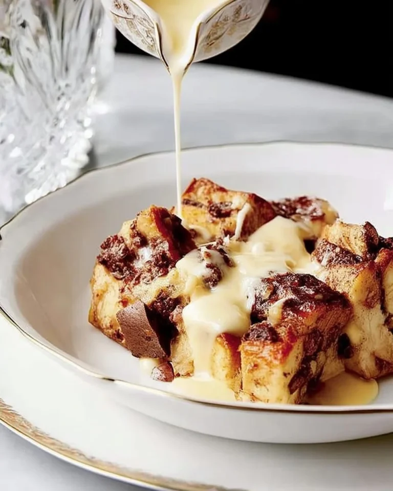 Pouding au pain au chocolat avec crème anglaise, un dessert savoureux et réconfortant.