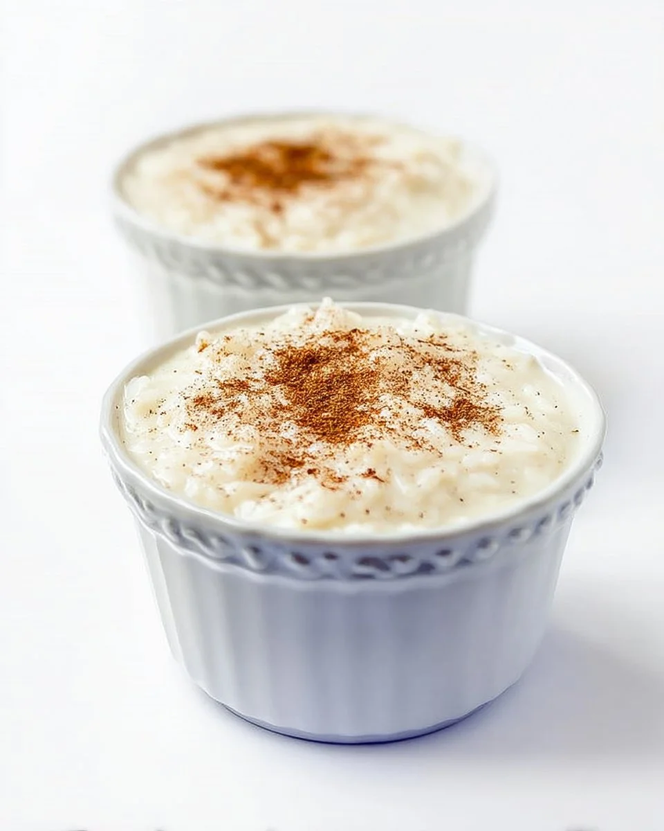 Un bol de pouding au riz crémeux garni de cannelle et de fruits.