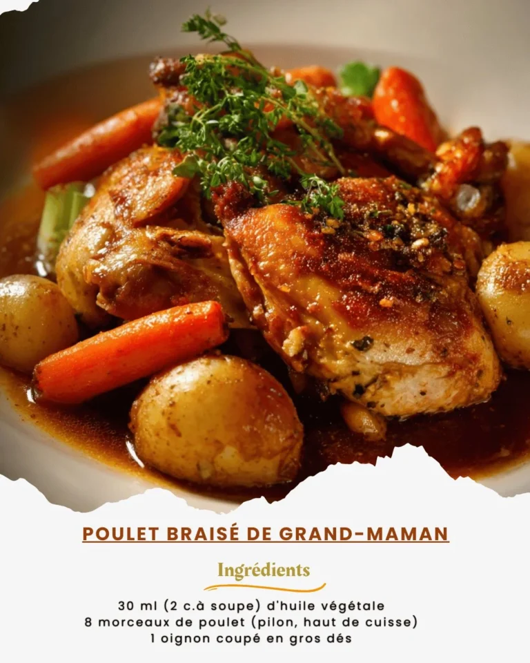 Recette de poulet braisé de grand-maman, plat réconfortant et savoureux.