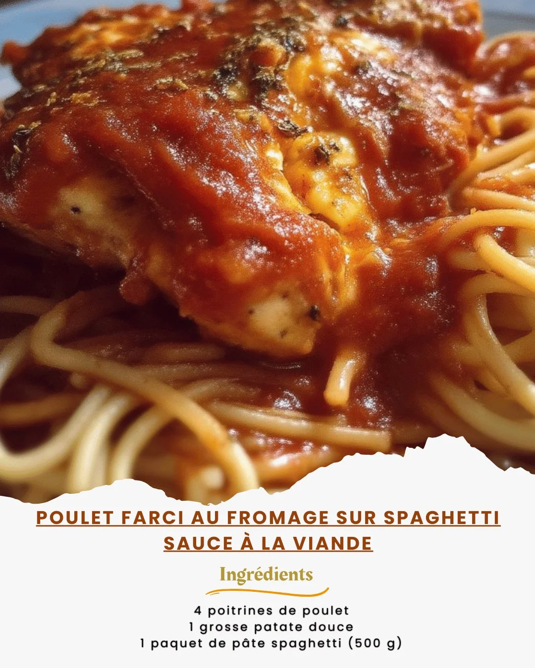 Poulet farci au fromage avec spaghetti en sauce à la viande
