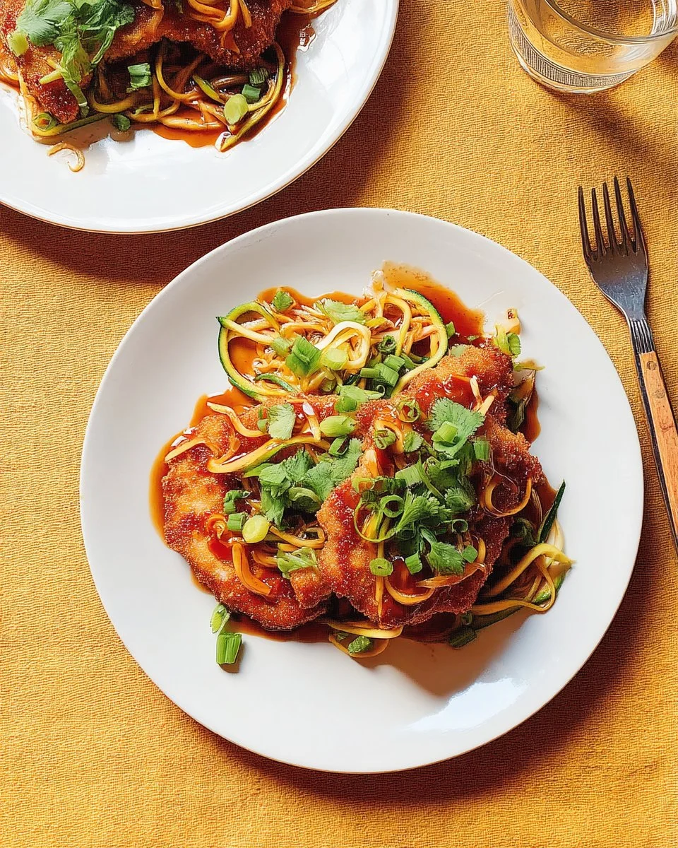 Poulet pané sur un lit de nouilles de légumes avec vinaigrette tao