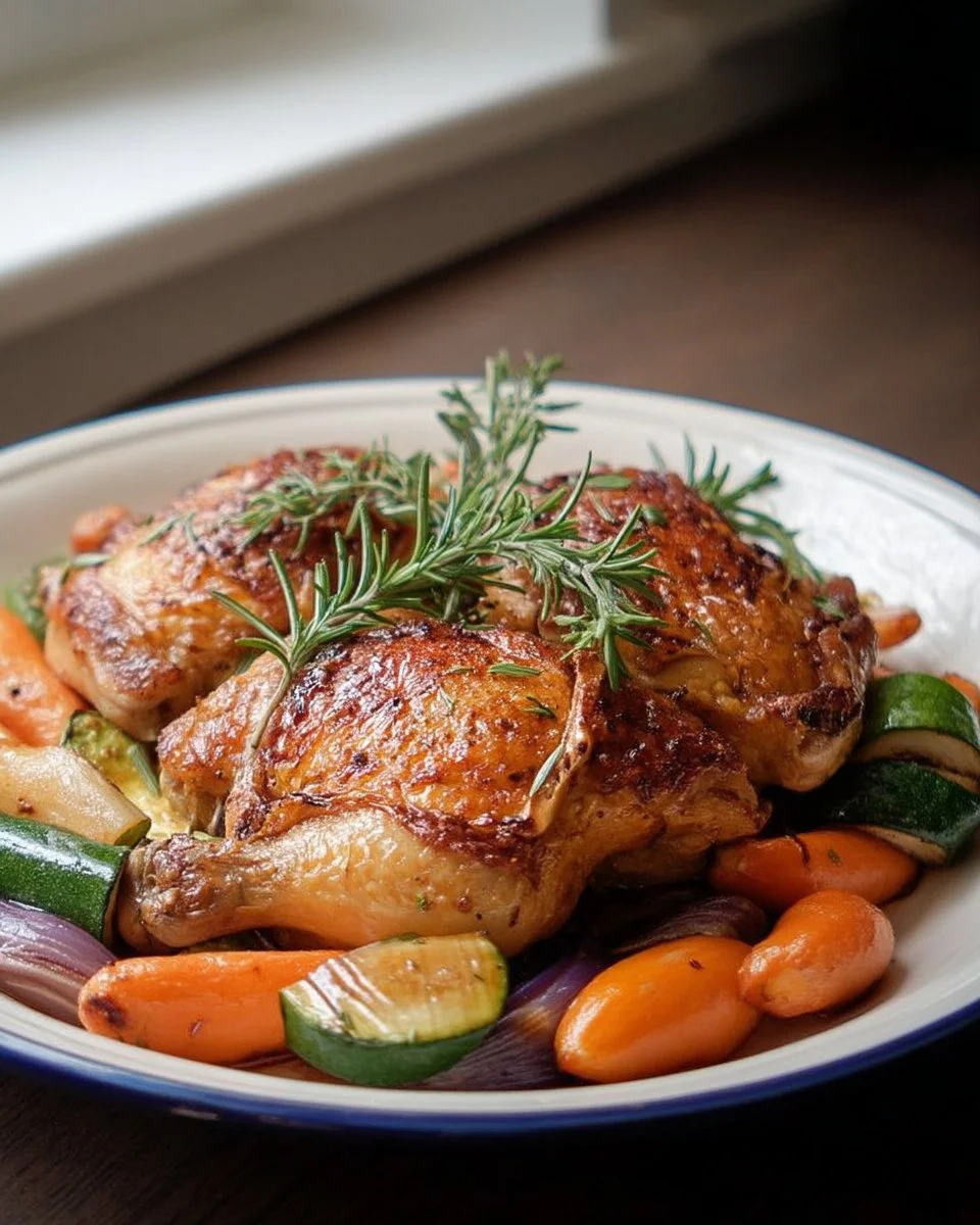 Poulet rôti aux légumes et romarin, plat doré et savoureux
