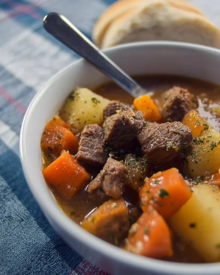 Ragoût de boeuf mijoté dans une cocotte, plat réconfortant et savoureux.